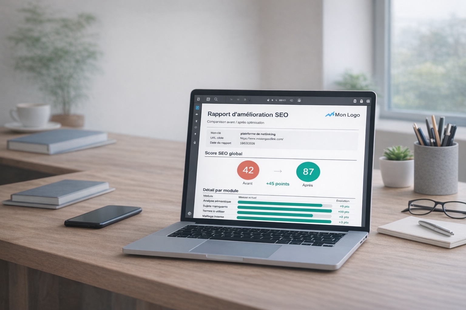 Exemple de rapport PDF Horusium — comparaison avant/après du score SEO